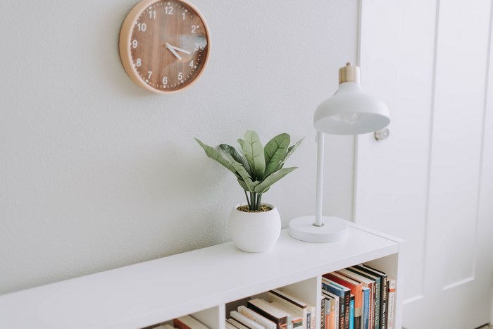 Minimalist white bookshelf with a plant and lamp
