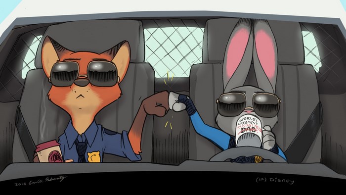 Nick Wilde and Judy Hopps from Zootopia fist bumping