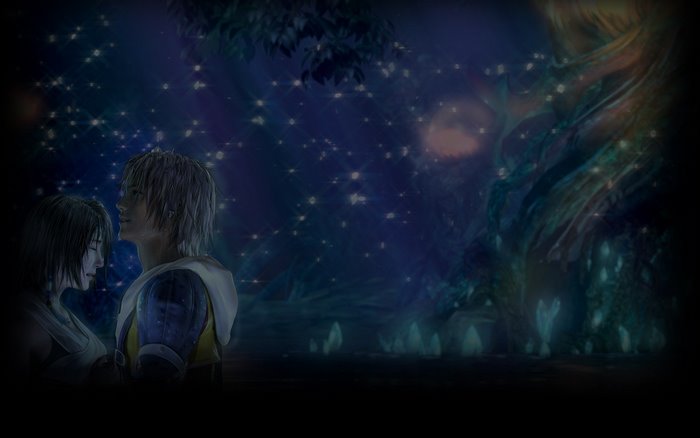 Tidus and Yuna from Final Fantasy X under a starry sky