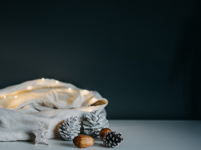 Christmas decor with pine cones and fairy lights
