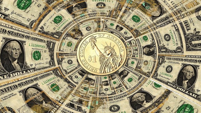 One Dollar Bills and Coin in Circular Pattern