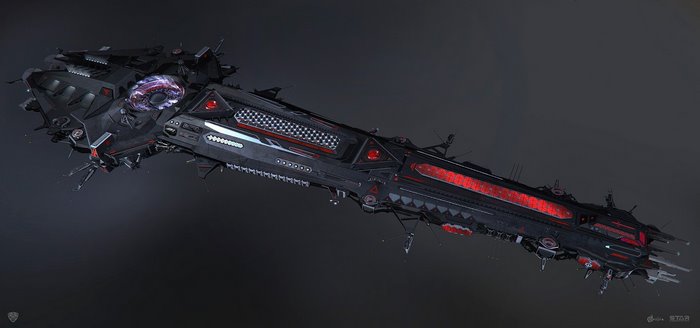 Dark science fiction spaceship with red glowing elements