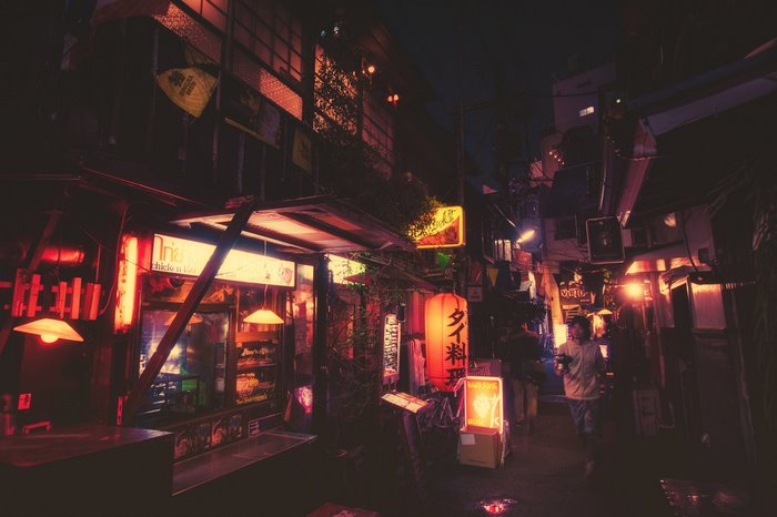 Night street with Japanese lanterns and shops