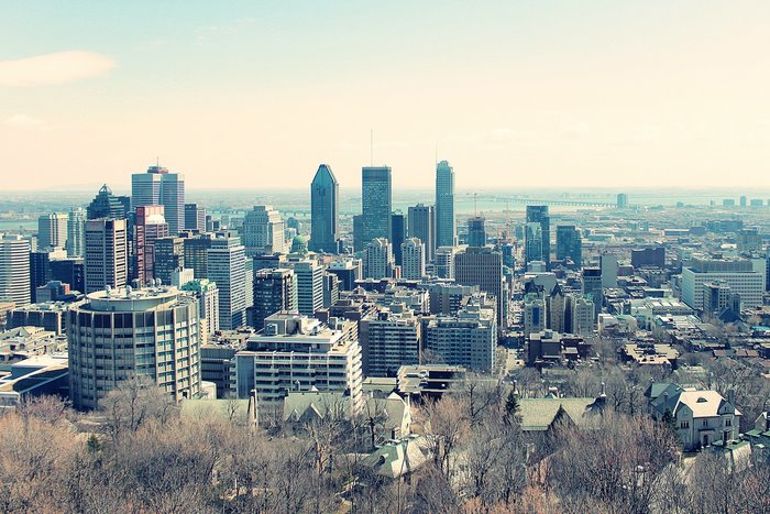 Montreal skyline with skyscrapers and trees