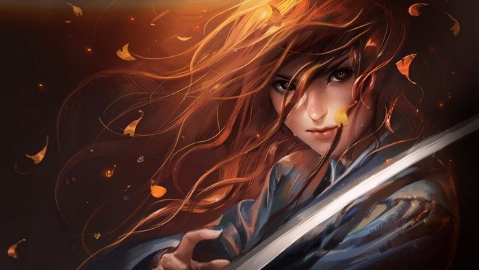 Woman with red hair holding a sword