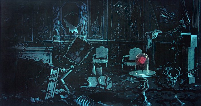 Enchanted rose in a ruined ballroom from Beauty and the Beast