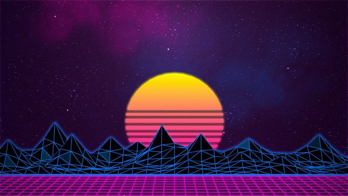 Retro Wave Neon Sunset Over Mountains