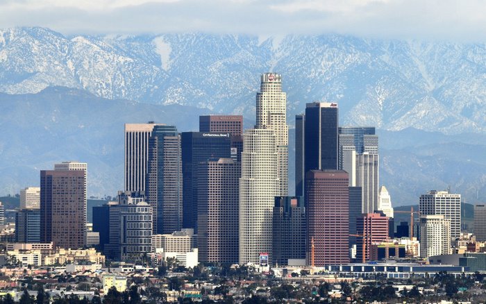 Los Angeles cityscape with mountains