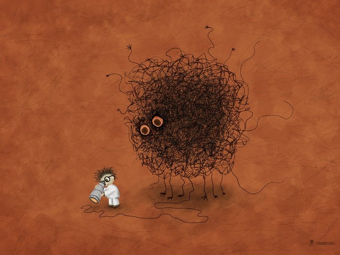 A scientist observes a large, scribbled monster