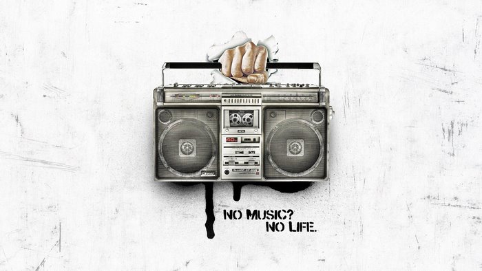 Boombox with fist and text