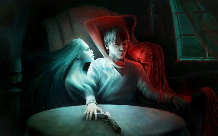 Fantasy art of a man with two spectral figures