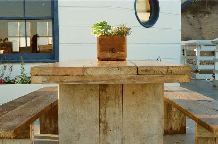 Wooden picnic table and benches with potted plants