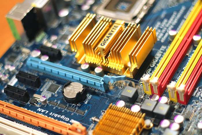 Close-up of a Gigabyte motherboard with RAM slots