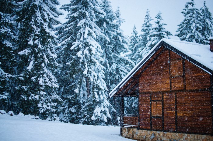 Wooden cabin in a snowy forest during a snowstorm