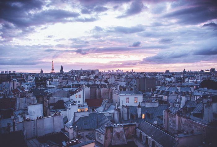 Parisian cityscape with Eiffel Tower at dusk
