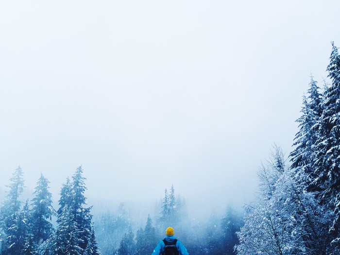Person with backpack in snowy forest