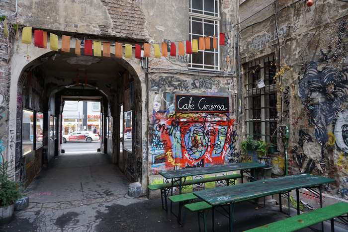 Cafe Cinema with graffiti in Berlin, Germany 4K