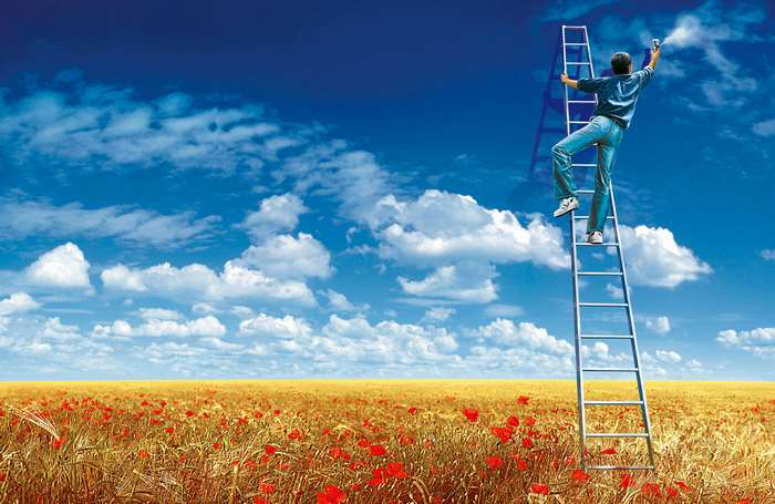 Man on ladder painting sky creativity 4K