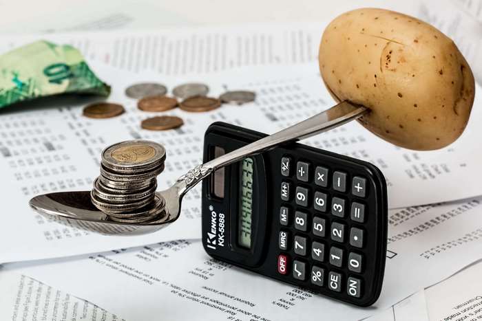 Calculator with Coins, Potato, and Banknote