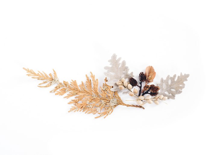 Dried autumn foliage arrangement with seeds and cones