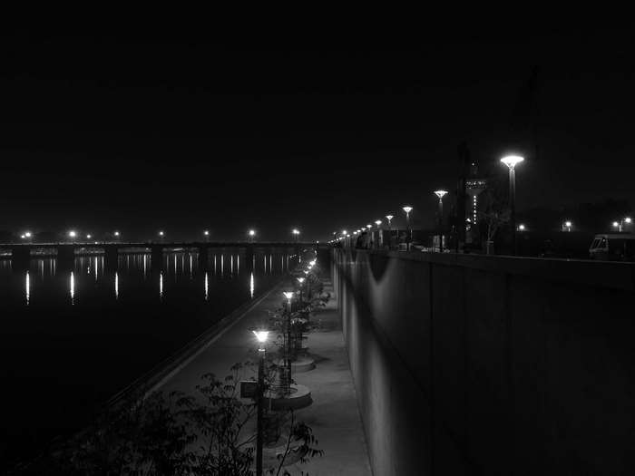 Sabarmati Riverfront at night with bridge and lights