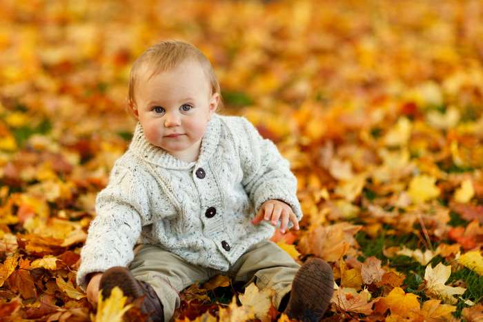 Baby boy sitting in autumn leaves 4K