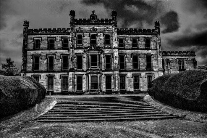 Elvaston Castle in black and white with clouds