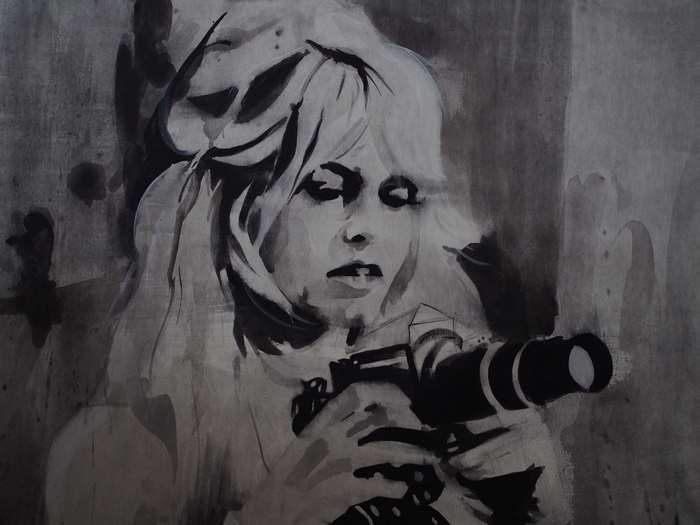 Painting of a woman with a camera
