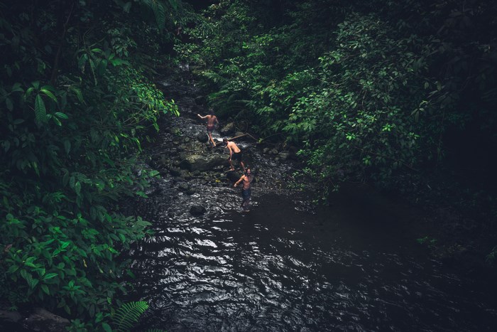 Three people wading through a rocky river in a jungle