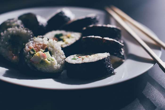 Plate of sushi with chopsticks