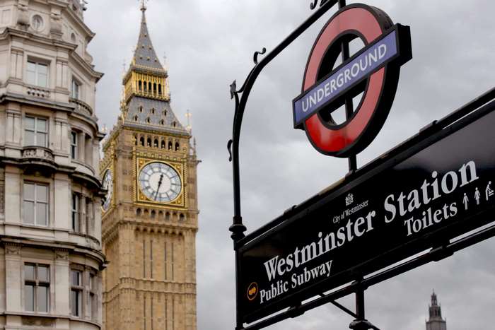 Westminster Station sign and Big Ben, London