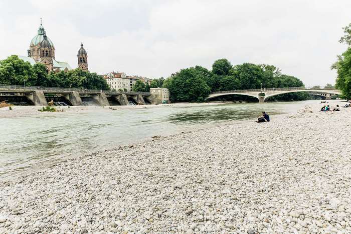 River with bridge and church in Munich