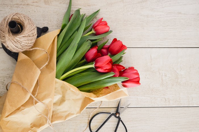 Red tulips wrapped in brown paper with twine and scissors