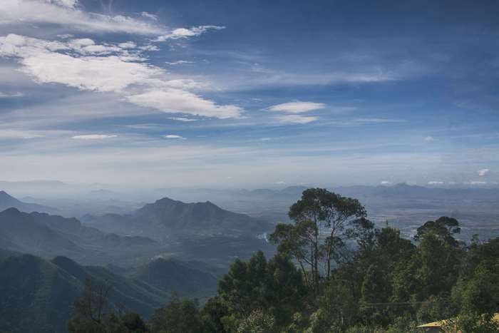 Misty Mountains Landscape with Trees and Sky