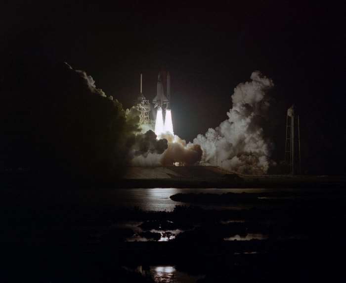 Space Shuttle Challenger Launch at Night
