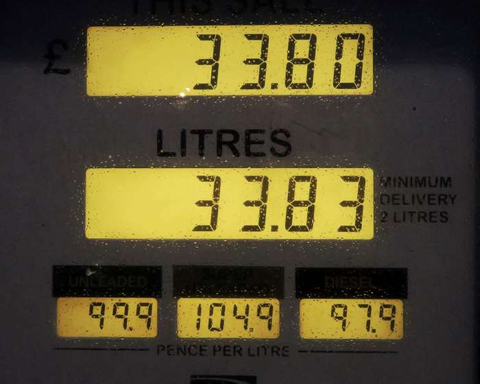 Fuel pump display showing cost and litres