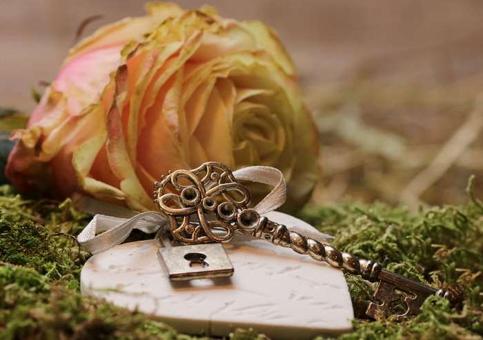 A vintage key and lock on a heart with a rose