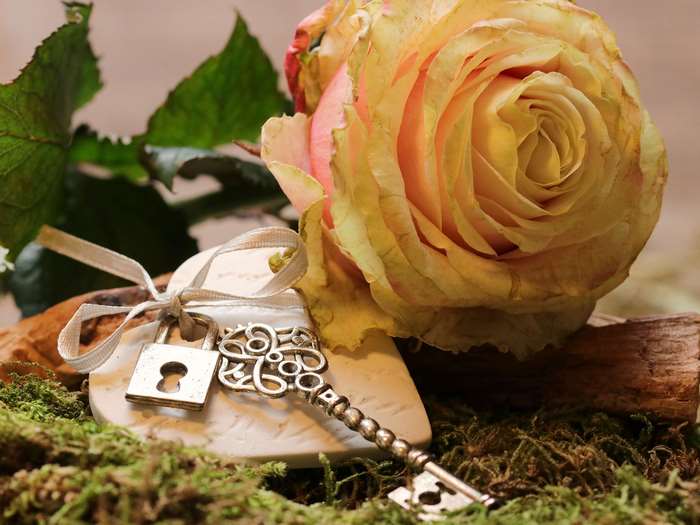 Yellow rose with a heart-shaped lock and key