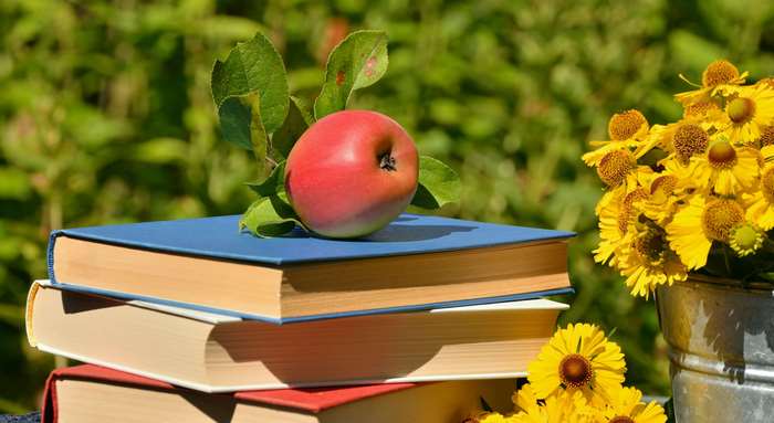 Apple and books in a garden with flowers