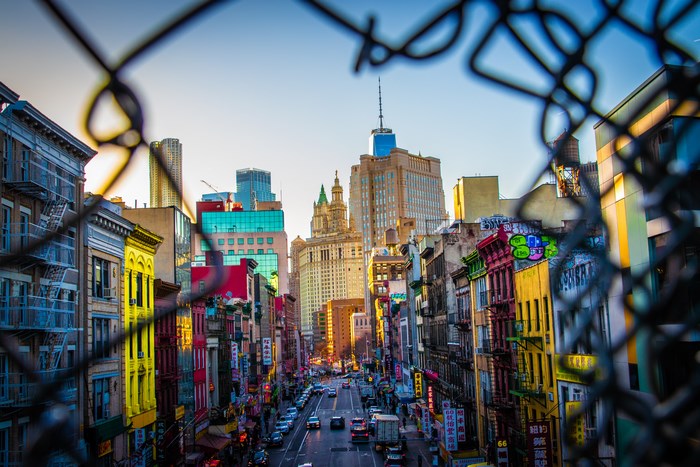 Chinatown street view with skyscrapers in the background