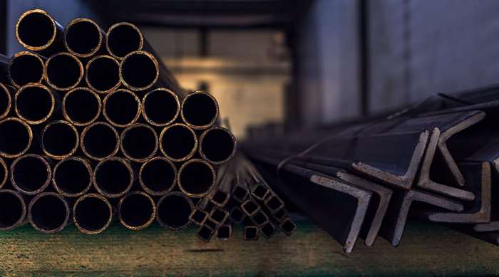 Stack of steel pipes and angle bars