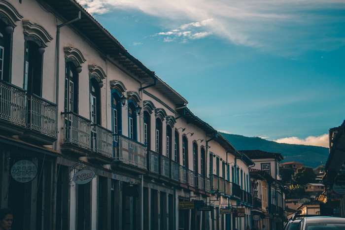 Street view of historic buildings in Mariana, Minas Gerais, Brazil