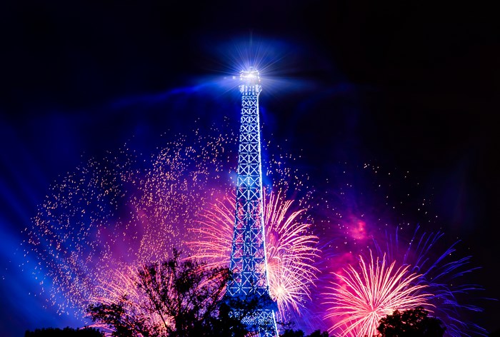 Eiffel Tower fireworks show at night