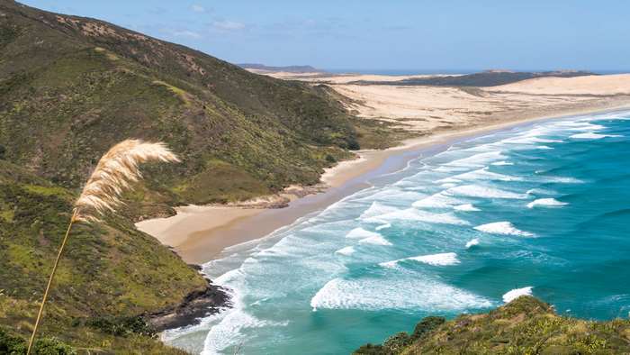 Cape Reinga beach with sand dunes and ocean waves