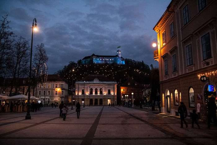 Ljubljana Castle at night with town square