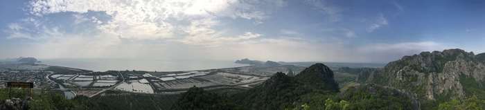 Panoramic aerial view of mountains and coastal landscape