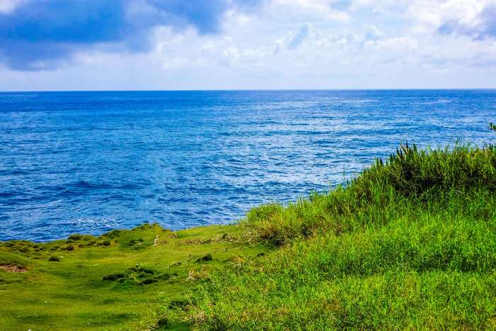 Ocean waves crash on a grassy cliff under a cloudy sky