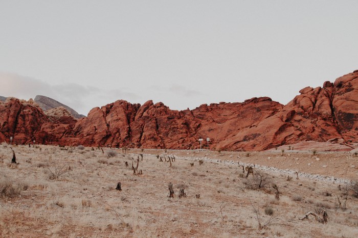 Red Rock Canyon Landscape with Barren Desert and Mountains