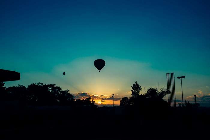 Hot air balloon and bird silhouette at sunset 4K