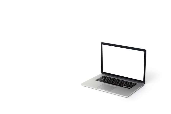 Modern laptop with blank screen on white background